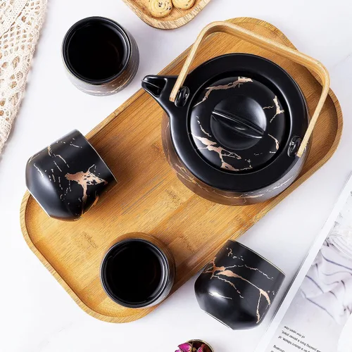 Vista 7 de ENJOHOS Juego de té de mármol negro para adultos con bandeja de madera, juego de tetera de cerámica (40 onzas) con 4 tazas de té de porcelana