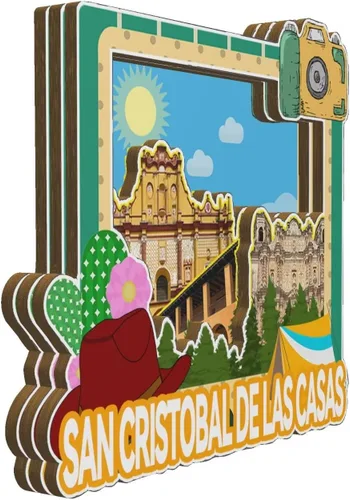 Vista 2 de Imán de San Cristóbal de las Casas, México, imán para nevera, 3D, monumentos de madera, recuerdos coleccionables, decoración hecha a mano -2086