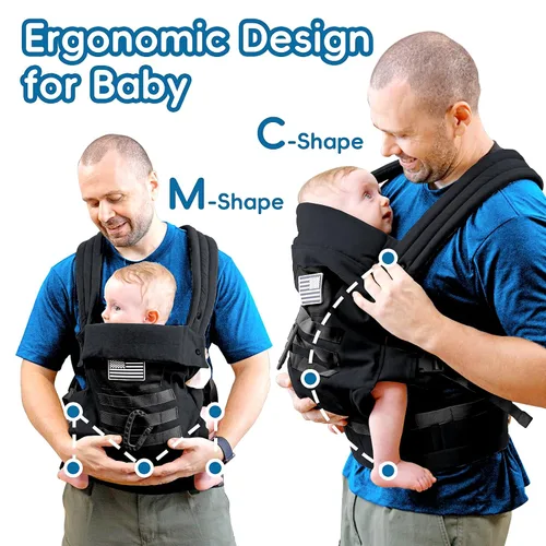 Vista 7 de Portabebés, portabebés para bebés con soporte lumbar (0-36M, 8-33 libras) con reposacabezas plegable y mosquetones para padres grandes y altos, Negro