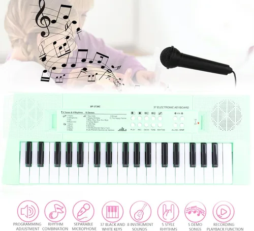 Vista 5 de Piano eléctrico de 37 teclas Teclado para principiantes con micrófono Carga USB de doble potencia o baterías verde