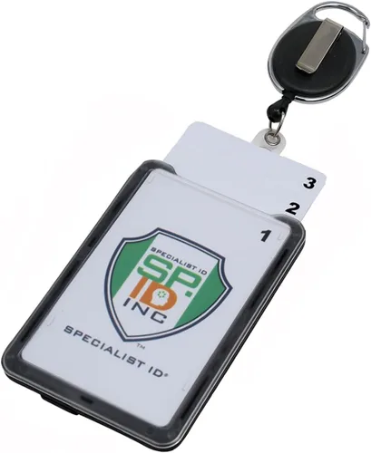 Vista 12 de Portatarjetas de tres tarjetas de plástico rígido con carrete retráctil - Cordón retráctil con clip para cinturón y mosquetón - Soporte vertical