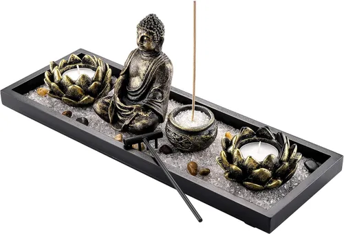 Vista 3 de Jovivi set de jardín zen con estatua de Buda, 2 portavelas de té de loto, mazo y rocas y cristales y quemador de incienso con soporte para varillas
