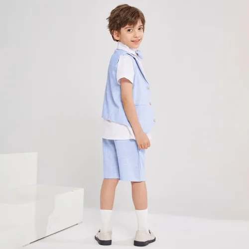 Vista 7 de Traje de verano para niños, ropa de vestir para niños, traje de portador de anillo de boda, 4 piezas, camisa, chaleco y pantalones cortos