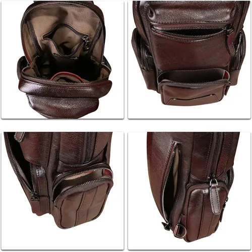 Vista 7 de IVTG Bolso de hombro de cuero genuino, mochila de viaje, mochila de senderismo, mochila casual, bolso de pecho vintage hecho a mano, mochila