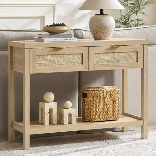 Vista 14 de SICOTAS Mesa consola negra con cajones de ratán - Mesa de entrada de ratán boho con almacenamiento, mesas consola pequeñas para entrada, mesa