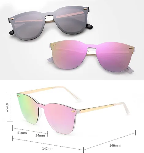 Vista 5 de Rimless Wayfarer Anteojos de sol en una sola pieza lente espejo reflectante, anteojos para hombres mujeres