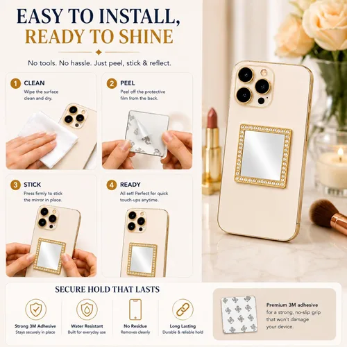 Vista 2 de Wireless City Espejo cuadrado para teléfono, espejo de maquillaje con diamantes dorados con circonita cúbica, adhesivo de espejo de 2.0 in