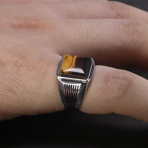 Vista 9 de Anillo de plata para hombre Piedra natural de ojos de tigre Anillo turco Anillo retro grabado geométrico por Fantasy World, Metal precioso, ojo