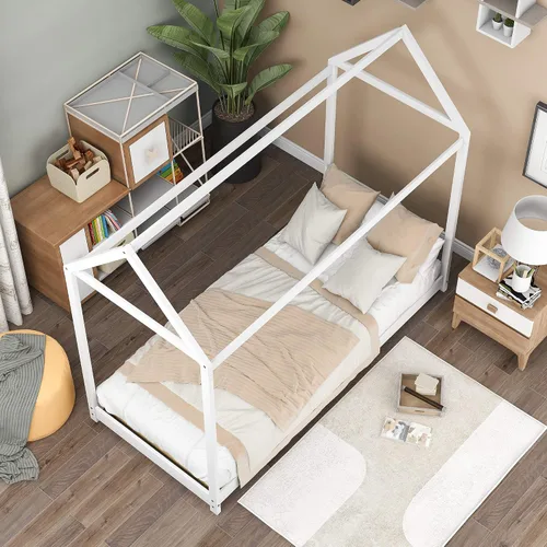Vista 3 de SOFTSEA Cama de piso individual para niños, cama individual con techo (gris, Twin-House)