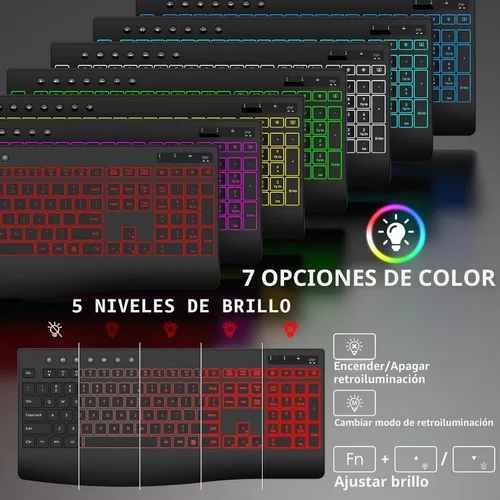 Vista 3 de Combo de teclado y mouse inalámbricos, 9 efectos retroiluminados, teclado retroiluminado recargable de 4000 mAh con reposamuñecas, mouse de 6