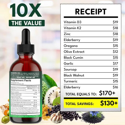 Vista 5 de NEW AGE Gotas de aceite de orégano - Aceite de semilla negra, saúco, vitamina D, D3, K2, oliva, ajo, suplemento de apoyo inmunológico, fórmula