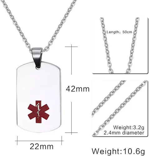 Vista 97 de VNOX Collar con colgante personalizado de acero inoxidable con grabado personalizado para identificación de alerta médica de emergencia para hombres