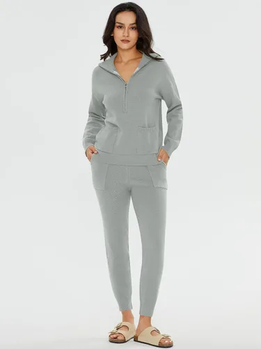 Vista 3 de DEEP SELF Conjunto de dos piezas para mujer, suéter de manga larga, media cremallera, pantalones deportivos con bolsillos