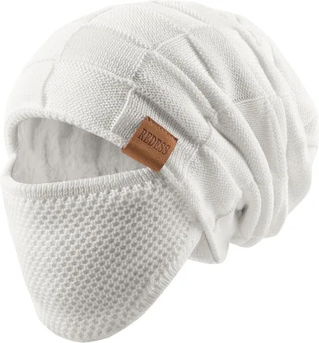 Vista 10 de REDESS Gorro para hombre y mujer, gorro de invierno cálido de punto holgado grueso con cubierta facial D2 Negro