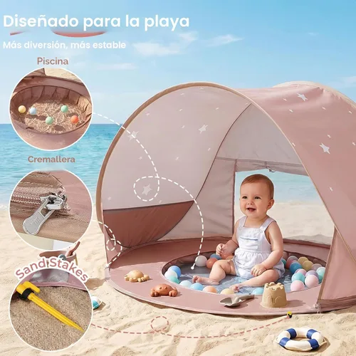 Vista 3 de Monobeach Tienda de campaña de playa para bebés con piscina: tienda de campaña desplegable con estrellas marrones para niños pequeños, refugio