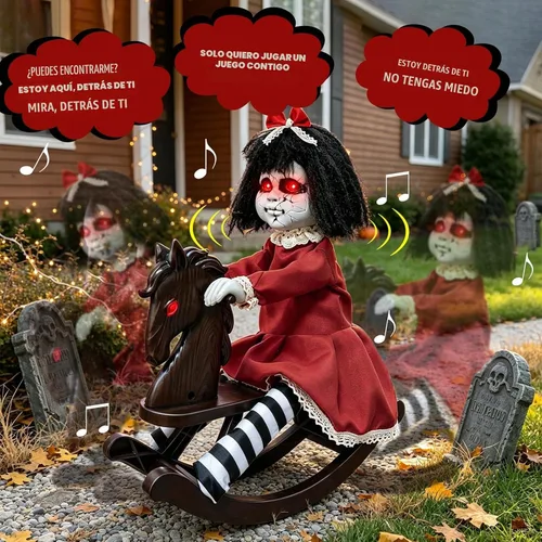 Vista 5 de Halloween Animatronic Decorations Girl Doll on Rocking Horse with Lights