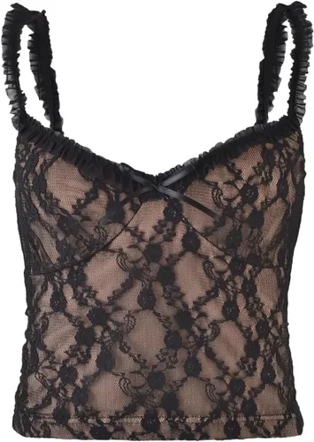 Vista 4 de Camiseta sin mangas con estampado floral para mujer, con ribete de encaje, para salir