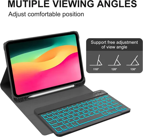 Vista 5 de KVAGO Funda para iPad (A16) de 11ª y 10ª generación con teclado, teclado desmontable inalámbrico retroiluminado de 7 colores, funda de teclado folio
