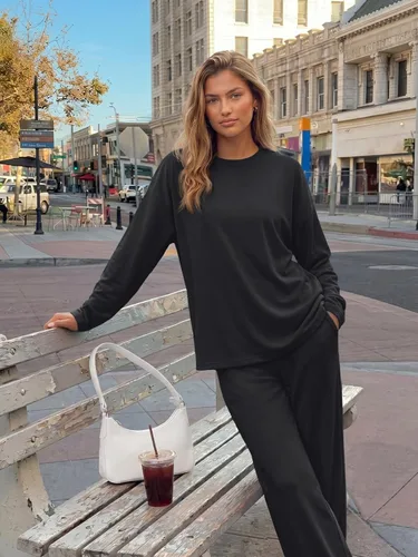 Vista 5 de Trendy Queen Conjunto de 2 piezas de otoño para mujer, tops de gran tamaño Negro