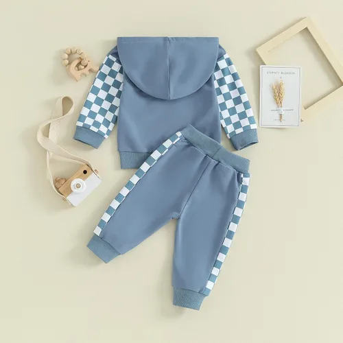 Vista 7 de LIOMENGZI Conjunto de pantalones para bebés y niños, sudadera larga con capucha y bloques de color, conjunto de ropa para otoño e invierno