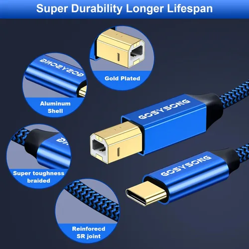 Vista 5 de Cable de impresora USB C a B de 3 pies, cable de impresora de alta velocidad compatible con impresoras, escáneres, faxes, teclados midi, grabaciones