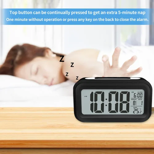 Vista 2 de Reloj despertador digital con temperatura interior, funciona con pilas, modelo con función de repetición, pantalla de 12/24H para dormitorios