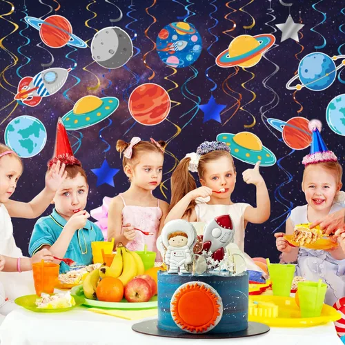Vista 5 de 30 decoraciones de fiesta espacial, decoraciones de remolinos colgantes del sistema solar, suministros de fiesta del espacio exterior, decoraciones