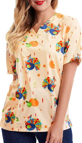 Vista 2 de SATINIOR Camisa de cuello con estampado de Acción de Gracias para mujer, color pavo