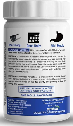Vista 3 de NutriJa Polvo de monohidrato de creatina micronizada pura, 3.53 oz Suplemento antes y después del entrenamiento para reparación y recuperación
