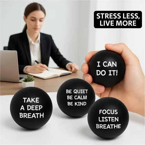 Vista 3 de Ceenna 4 bolas motivacionales para el estrés para adultos, bolas de alivio del estrés de 2.5 pulgadas con citas inspiradoras para fomentar la Negro
