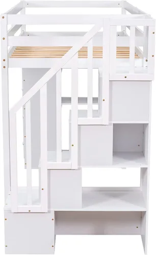 Vista 9 de VilroCaz Cama loft multifuncional de tamaño individual con cajones de almacenamiento y escalera, marco de cama de madera maciza con barandilla