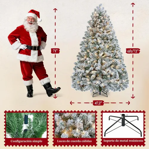 Vista 4 de Yaheetech - Árbol artificial de Navidad de 6 pies con flecos nevados preiluminado con 250 luces blancas cálidas, 820 puntas de ramas exuberantes
