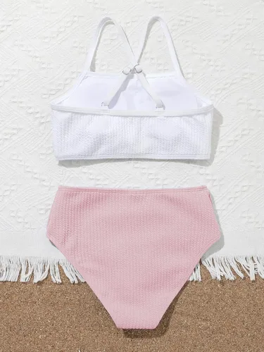 Vista 2 de SHENHE Girl's 2 Piece High Waisted Bikini Sets Criss Cross Spaghetti Strap Swimsuit Bathing Suit