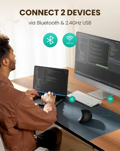 Vista 4 de POJTK Ratón ergonómico inalámbrico recargable, conexión Bluetooth+USB A+Tipo C (3 en 1), 5 niveles hasta 4800 DPI, 6 botones silenciosos, ratones