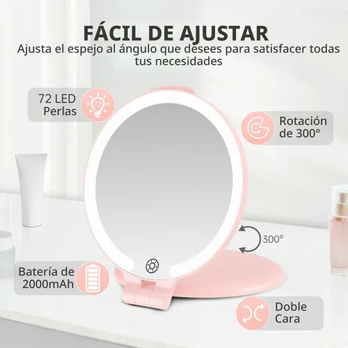 Vista 2 de FUNTOUCH Espejo de maquillaje de viaje recargable de 7 pulgadas, aumento Rosa