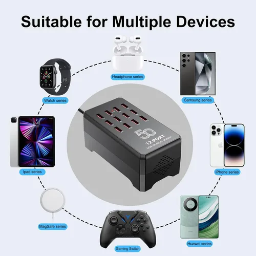 Vista 3 de Estación de carga USB de 50 W y 12 puertos para múltiples dispositivos, concentrador de carga USB portátil compatible con iPhone, Android, tableta