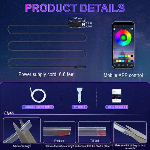 Vista 3 de LivTee - Luces LED inteligentes para interior de automóvil con puerto USB, tira de luces LED de fibra óptica, control inalámbrico por aplicación