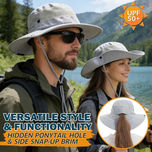 Vista 2 de Cooling Sun Bucket Hat, UPF 50+ Wide Brim Boonie Hat with Ponytail Hole 01 Gris claro