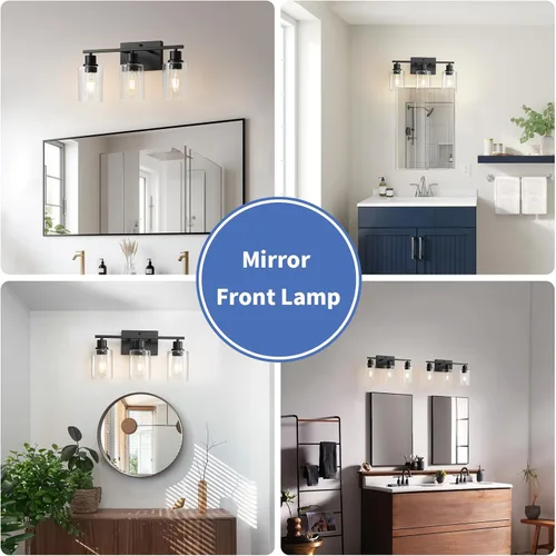 Vista 6 de 3 luces de tocador de baño, aplique de pared negro mate sobre espejo con cilindro templado de vidrio transparente grueso, accesorios de iluminación