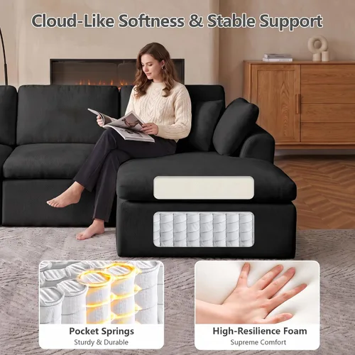 Vista 4 de Sofás seccionales de nube deshuesada de 110 pulgadas para sala de estar, sofá modular en forma de L con otomana, moderno y cómodo sofá nube con Negro