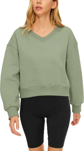 Vista 2 de AUTOMET Sudadera corta de manga larga para mujer, de forro polar, cuello en V