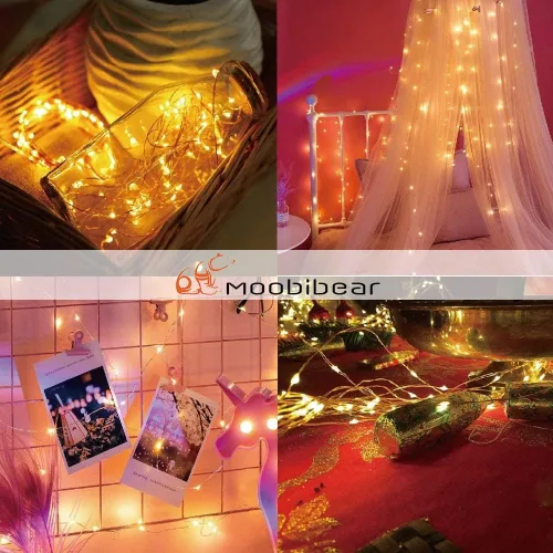 Vista 3 de Moobibear Guirnalda de luces de hadas impermeables enchufables con control remoto de 24 teclas, 100 luces LED de 33 pies, color blanco cálido, luz