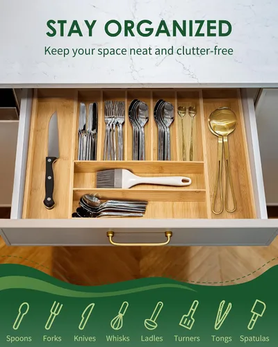 Vista 2 de Upolana Organizador de cajones expandible de bambú de alta calidad, organizador de cajones de cocina ajustable de 7 a 9 ranuras para utensilios