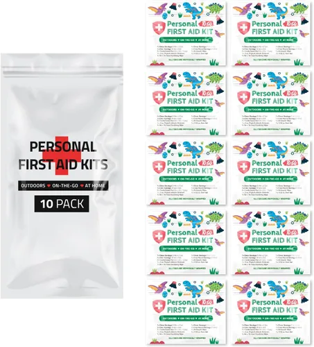 Vista 7 de Kit médico de emergencia de primeros auxilios mini y tamaño de viaje, paquete de 10 Ideal para niños, escuelas, negocios, senderismo, camping