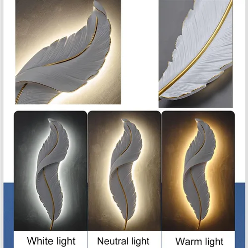 Vista 7 de Lámpara de pared moderna para dormitorio, lámpara de pared LED con diseño de plumas blancas elegante, luz de cuento de hadas, luces de pared de lujo