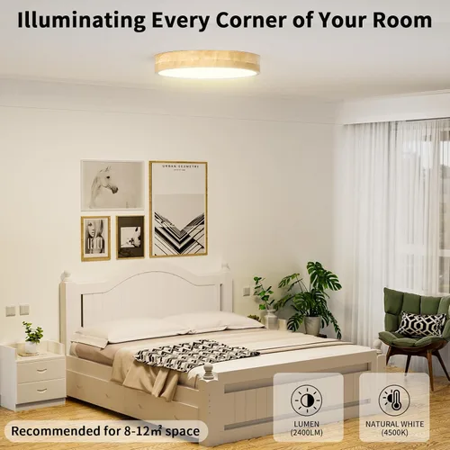 Vista 4 de Lámpara de Techo LED Empotrada: 12 Pulgadas 24W Luminaria de Dormitorio de Madera con Lámparas de Techo Redondas Modernas Planas Aéreas Minimalistas