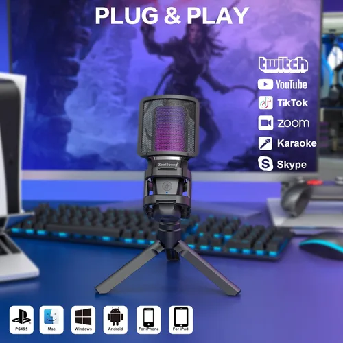 Vista 5 de ZealSound Micrófono USB para juegos para PC, micrófono de computadora de condensador RGB con soporte para trípode, silencio rápido, control