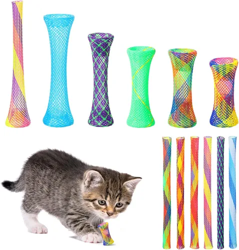 Vista 7 de Leitee 60 Pcs Cat Spring Toys Kitten Tubes,Black, Orange, and Purple Chinese Finger Trap Cat Toy For Indoor Cats, Mesh Tubes Plastic Coil For Pet