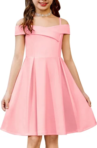 Vista 13 de Arshiner Vestido de verano para niñas con hombros descubiertos, plisado, formal, elegante Azul