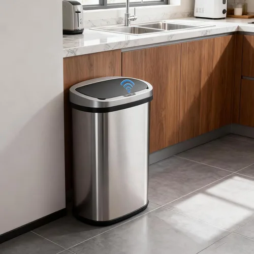 Vista 2 de Basurero de acero inoxidable automático sin tacto, con tapa para cocina, sala de estar, oficina, baño, sensor de movimiento electrónico sin contacto